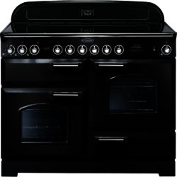 Rangemaster Classic Deluxe 110cm Electric Ceramic 81340 Range Cooker in Black with Brass Trim and Ceramic Hob